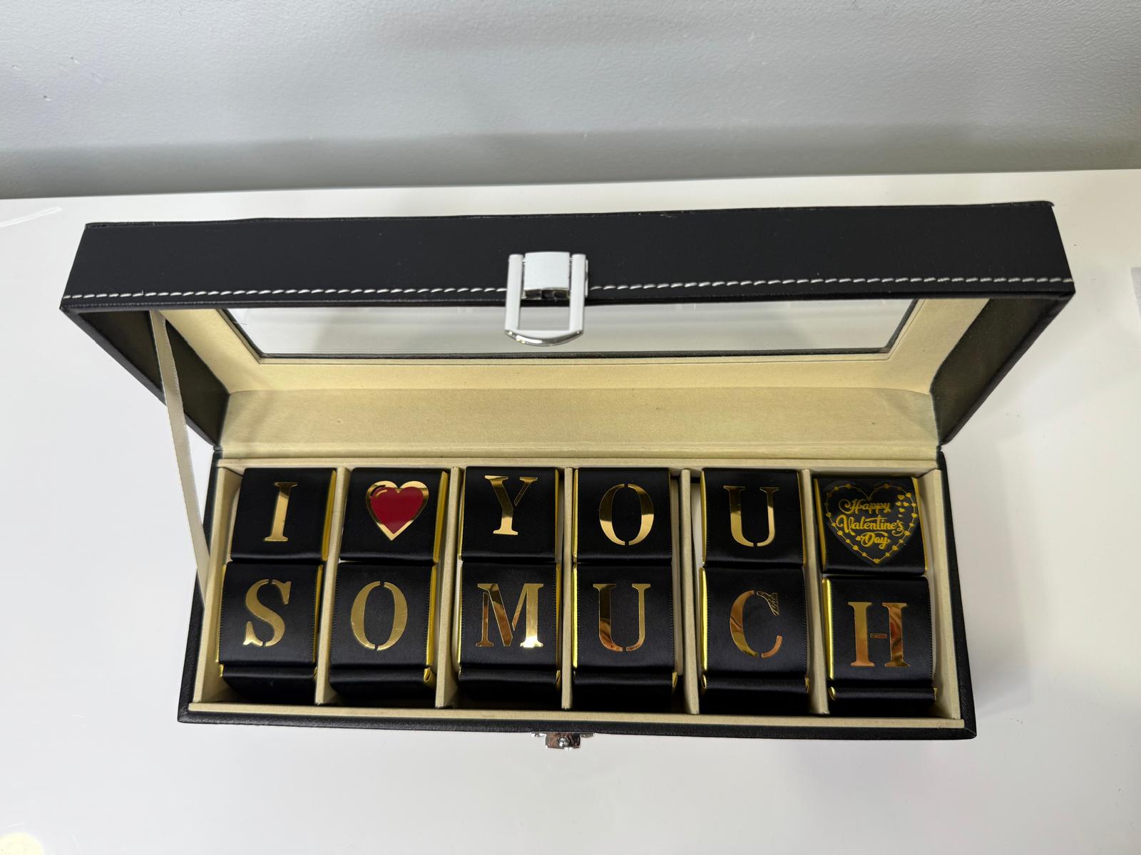 Watches Box with Chocolate set with 'I love you so much' text in a black box on a white background - Lovy Details Miami